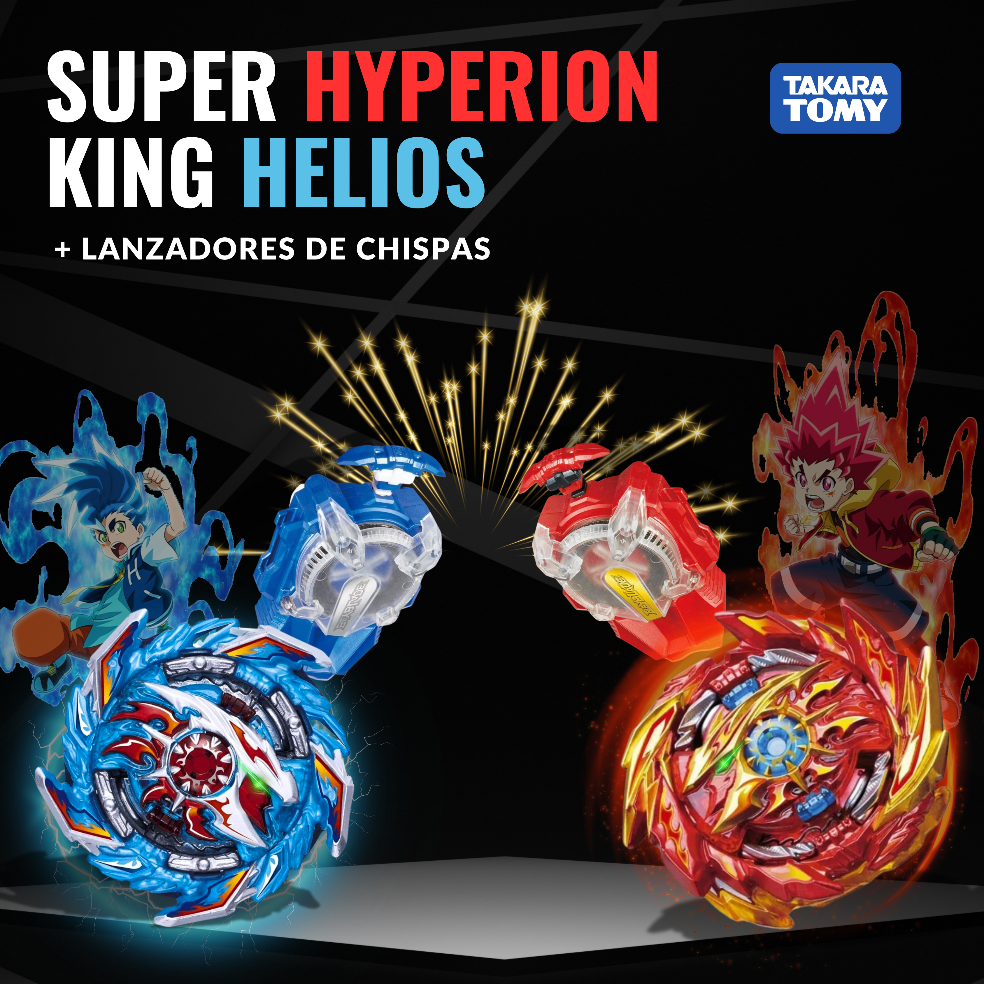 Pack Cuádruple Ahorro: King Helios + Super Hyperion + Lanzadores de Chispas Azul y Rojo [Takara Tomy BeyBlade]